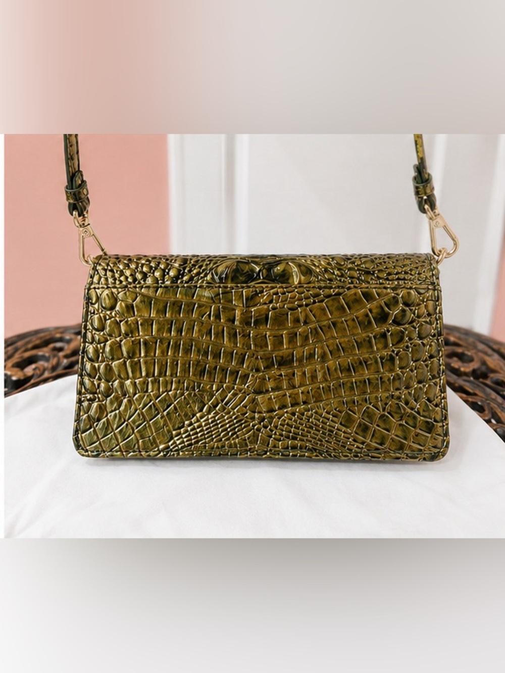 BRAHMIN CACTI GREEN METALLIC LEATHER MINUETTE WALLET/CROSSBODY MINI HANDBAG - Picture 4 of 4